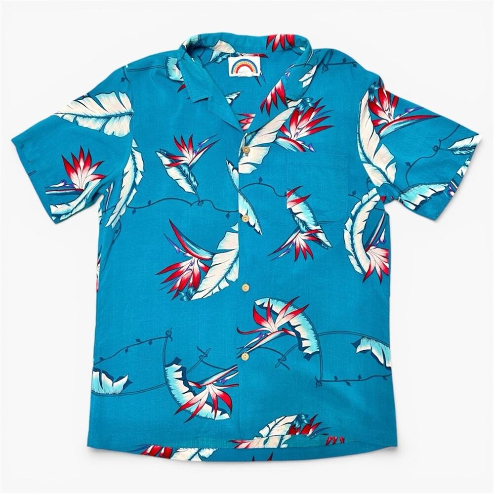 Vintage 80's Hawaiian Button Up Camp Collar Turquoise Aloha Shirt, Men's Small